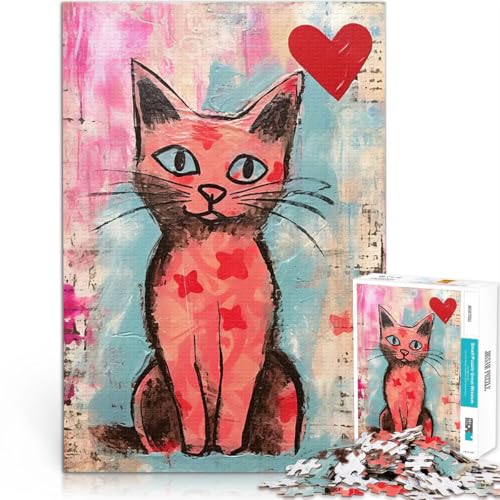 Valentinstag rosa Katze mit Herz 1000-teiliges Puzzle für Teenager Hands-on-Spiel Lustige Aktivitäten für zu Hause, Geburtstagsgeschenk, Reisegeschenk, 38x26cm von SYUNFEI