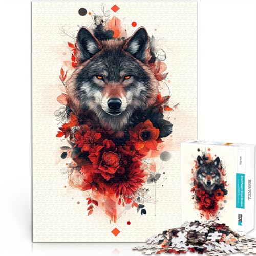 Wolf mit roten Blumen Puzzle für Erwachsene, 1000 Teile lustige Spiele für die ganze Familie Geburtstagsgeschenke 38x26cm von SYUNFEI