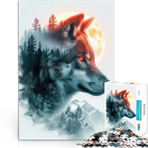 weißer Wolf und der Mond Puzzle 1000 Teile für Erwachsene pädagogische Herausforderung mit vollständig ineinander greifenden, zufällig geformten Teilen 38x26cm von SYUNFEI