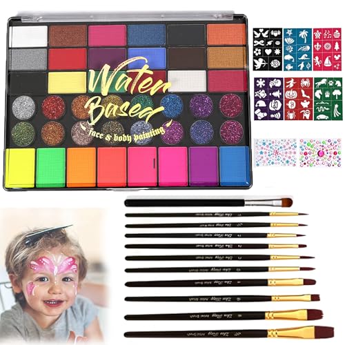SYXLS Gesichtsfarbe Kinderschminken Set, 42 Farben Kinderschminken Set, Body Painting Face Paint, Theaterschminke, Bringen Sie 10 Pinsel Und 8 Aufkleber, Einfach Zu Färben Und Zu Reinigen von SYXLS