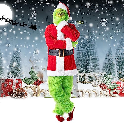 SYXLS Santa Claus Costume 9 Teiliges Set, Weihnachtsmann Kleidung, Grüne und Flauschige Kostüm für Nikolaus Passend für Weihnachten, Nikolauskostüm Halloween und Andere Karnevalspartys (M) von SYXLS
