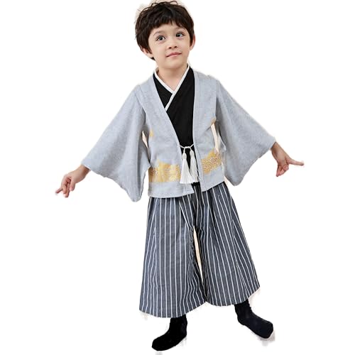 Samurai-Kostüme für Jungen, Kimono-Kleidungs-Set, japanischer Krieger, Halloween-Kostüm, Cosplay, Umhang, Ninja, Grau von SZCQ