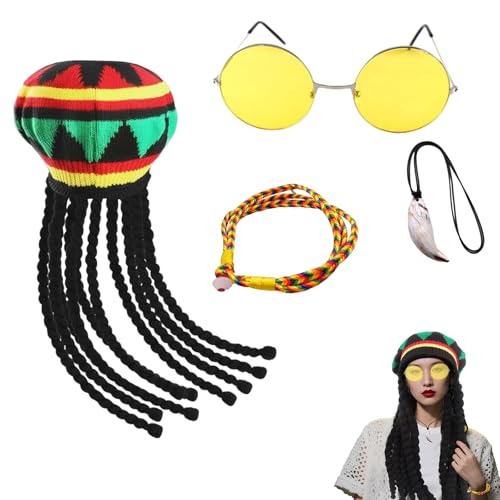 SZHUGEKI Mütze Rasta Dreadlocks Set, Rasta Hut, Langer Geflochtener Hut Mit Gelber Brille, Halskette, Armband, Geeignet Für Rollenspiele, Halloween von SZHUGEKI