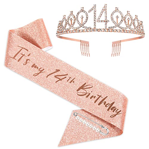 SZHUIHER 14. Geburtstag Schärpe und Tiara für Mädchen - Rose Gold Krone und 'Es Ist Mein 14. Geburtstag' Schärpe - Geschenke für Happy Birthday Party Favor Supplies SZHUIHER 14. Geburtstag Schärpe und Tiara für Mädchen - Rose Gold Krone und 'Es Ist Mein 14. Geburtstag' Schärpe - Geschenke für Happy Birthday Party Favor Supplies von SZHUIHER