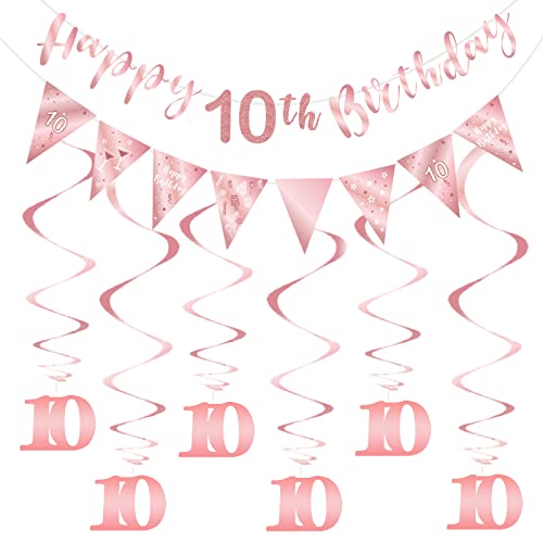 SZHUIHER 10 Geburtstag Dekoration Kit für Mädchen, Happy 10th Banner Wimpelkette Wirbel Luftschlangen, Dreieck Flagge Banner für Partydekorationen, Roségold 10 SZHUIHER 10 Geburtstag Dekoration Kit für Mädchen, Happy 10th Banner Wimpelkette Wirbel Luftschlangen, Dreieck Flagge Banner für Partydekorationen, Roségold 10 von SZHUIHER
