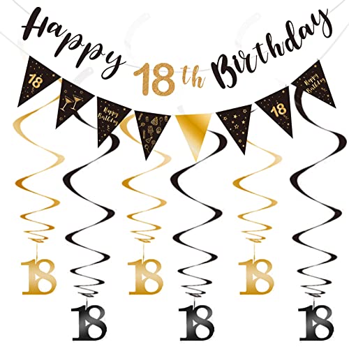 SZHUIHER 18th Birthday Decoration Kit, Happy 18th Birthday Banner Bunting Swirls Streamers, Triangle Flag Banner for Birthday Party Decorations Supplies Black and Gold 18 SZHUIHER 18th Birthday Decoration Kit, Happy 18th Birthday Banner Bunting Swirls Streamers, Triangle Flag Banner for Birthday Party Decorations Supplies Black and Gold 18 von SZHUIHER