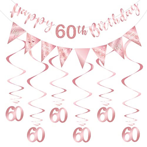 SZHUIHER 60 Geburtstag Deko Kit - Rose Gold 60 Geburtstag Banner, Wimpelkette, Luftschlangen und Dreiecksflaggen für Partydekorationen von SZHUIHER