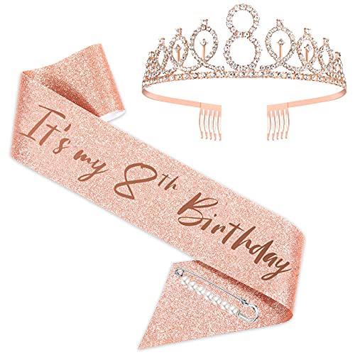 SZHUIHER Happy 8th Birthday Schärpe und Krone für Mädchen, Its My 8th Birthday Sash Birthday Bday Party Accessories, Birthday Decoration, 8th Birthday Crown, Glitter Birthday Sash Roségold von SZHUIHER