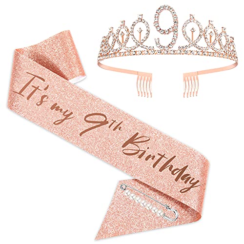 SZHUIHER Happy 9th Birthday Schärpe und Krone für Mädchen, Its My 9th Birthday Sash Birthday Bday Party Accessories, Birthday Decoration, 9th Birthday Crown, Glitter Birthday Sash Roségold von SZHUIHER