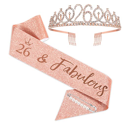 SZHUIHER Schärpe und Tiara zum 26. Geburtstag, Roségold-Geburtstagsschärpe, Krone 26 & fabelhafte Schärpe und Tiara für Mädchen, Geschenke zum 26. Geburtstag für glückliche 26. Geburtstagspartys SZHUIHER Schärpe und Tiara zum 26. Geburtstag, Roségold-Geburtstagsschärpe, Krone 26 & fabelhafte Schärpe und Tiara für Mädchen, Geschenke zum 26. Geburtstag für glückliche 26. Geburtstagspartys von SZHUIHER