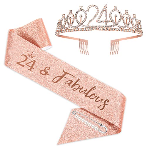 SZHUIHER Schärpe und Tiara zum 24. Geburtstag, Roségold-Geburtstagsschärpe, Krone 24 & fabelhafte Schärpe und Tiara, Geschenke zum 24. Geburtstag für glückliche 24. Geburtstagspartys SZHUIHER Schärpe und Tiara zum 24. Geburtstag, Roségold-Geburtstagsschärpe, Krone 24 & fabelhafte Schärpe und Tiara, Geschenke zum 24. Geburtstag für glückliche 24. Geburtstagspartys von SZHUIHER