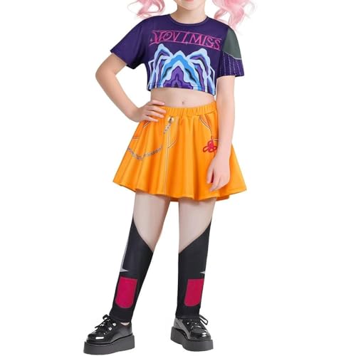 Anime Cosplay Kostüm Set für Mädchen, Lila Crop Top mit Orange Rock, Schwarze Kniestrümpfe (Lila, 120) von SZRXKJ