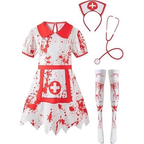 Blutiges Krankenschwester Kostüm Halloween-Outfit mit Kleid Kopfbedeckung und Strümpfen (weiß, 100) von SZRXKJ