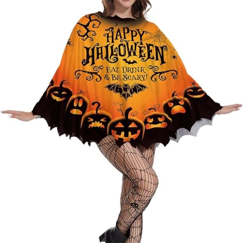 Halloween Poncho Umhang Orange-Schwarz mit Kürbis-Motiv und Fledermaus Design Gruselige Kostüm Accessoire (Orange13, one size) von SZRXKJ