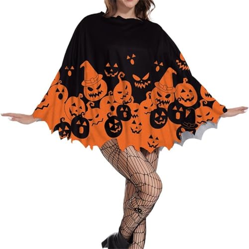 Halloween Poncho Umhang Orange-Schwarz mit Kürbis-Motiv und Fledermaus Design Gruselige Kostüm Accessoire (Orange14, one size) von SZRXKJ