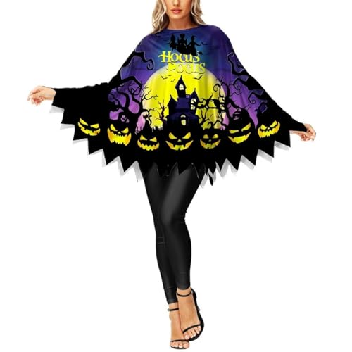 Halloween Poncho Umhang Orange-Schwarz mit Kürbis-Motiv und Fledermaus Design Gruselige Kostüm Accessoire (Purple06, one size) von SZRXKJ