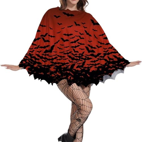 Halloween Poncho Umhang Orange-Schwarz mit Kürbis-Motiv und Fledermaus Design Gruselige Kostüm Accessoire (Rot15, one size) von SZRXKJ