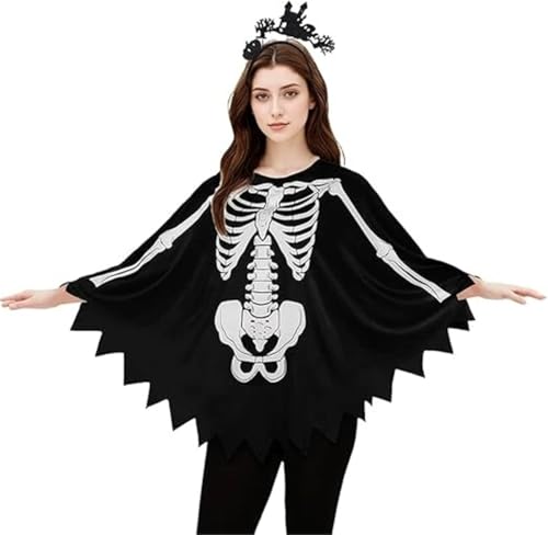 Halloween Poncho Umhang Orange-Schwarz mit Kürbis-Motiv und Fledermaus Design Gruselige Kostüm Accessoire (Schwarz, one size) von SZRXKJ