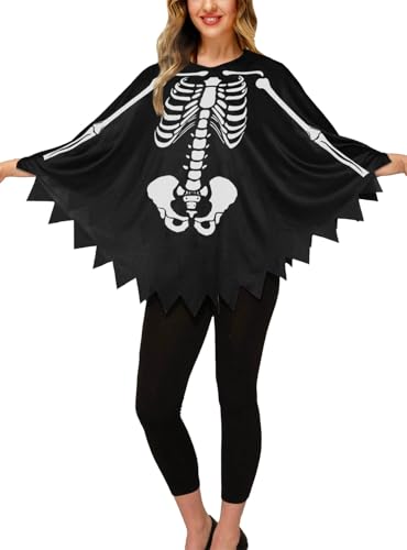 Halloween Poncho Umhang Orange-Schwarz mit Kürbis-Motiv und Fledermaus Design Gruselige Kostüm Accessoire (Schwarz07, one size) von SZRXKJ