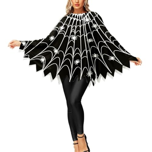 Halloween Poncho Umhang Orange-Schwarz mit Kürbis-Motiv und Fledermaus Design Gruselige Kostüm Accessoire (Schwarz09, one size) von SZRXKJ