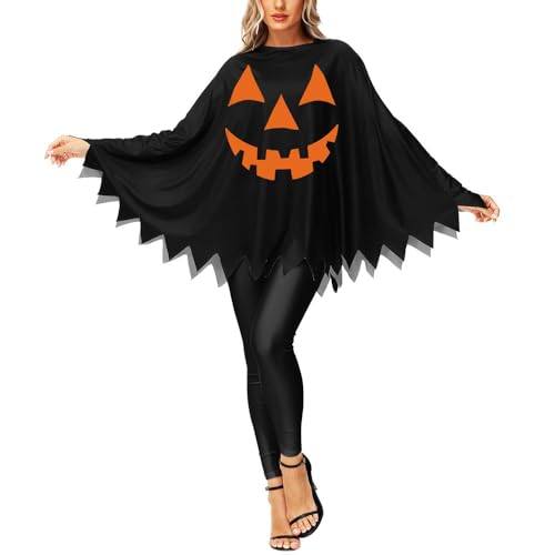 Halloween Poncho Umhang Orange-Schwarz mit Kürbis-Motiv und Fledermaus Design Gruselige Kostüm Accessoire (Schwarz10, one size) von SZRXKJ