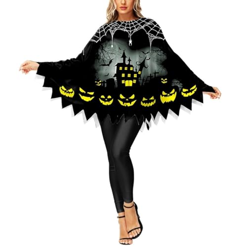 Halloween Poncho Umhang Orange-Schwarz mit Kürbis-Motiv und Fledermaus Design Gruselige Kostüm Accessoire (grey05, one size) von SZRXKJ