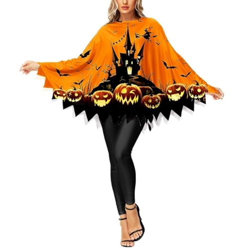 Halloween Poncho Umhang Orange-Schwarz mit Kürbis-Motiv und Fledermaus Design Gruselige Kostüm Accessoire (orange04, one size) von SZRXKJ