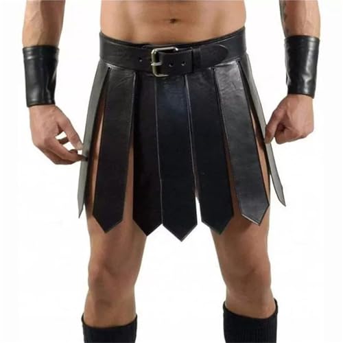 Herren Gladiator Lederrock mit Gürtel, Schwarzer Römischer Kampfrock Cosplay Kostüm (Schwarz, One Size) von SZRXKJ