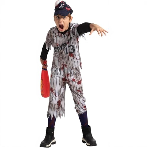 Kinder Verkleidung Zombie-Baseball-Spieler Gruseliges Sportler Outfit Halloween Kostüm (Grau, 160) von SZRXKJ