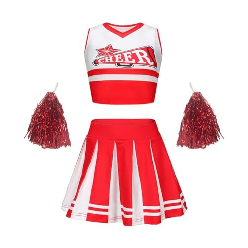 Kinder Zweiteiler in Pink-Weiß mit Pompons Sport Kostüm Cheerleader Uniform Sets (Rot1, 100) von SZRXKJ