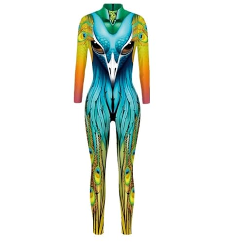 SZRXKJ Damen Langarm Türkis-Grün-Orange Farbverlauf Bodysuit mit Pfauenmuster Peacock Jumpsuit Kostüm (Grün, XXL) von SZRXKJ