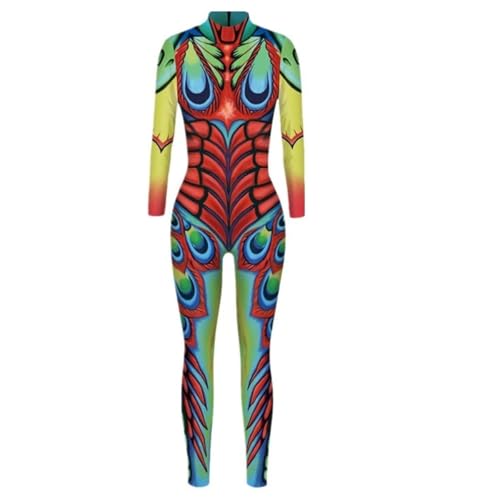 SZRXKJ Damen Standard Langarm Ganzkörperanzug mit Farbverlauf Pfau Türkis-Grün-Orange Kostüm Bodysuit (Bunt, 3XL) von SZRXKJ
