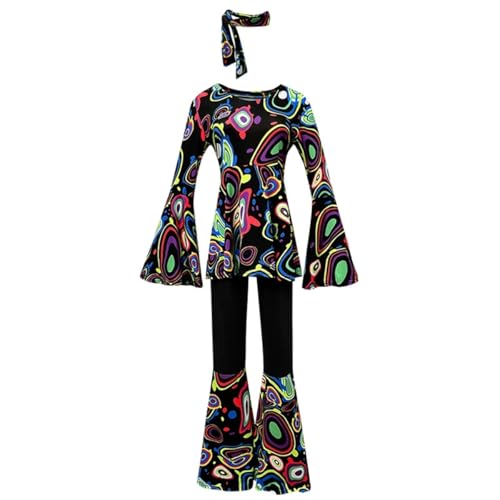 SZRXKJ Damen Tanzkleid mit Schlaghose Psychedelisches Muster Mehrfarbig 70er Jahre Retro Disco Kostüm (Black, L) von SZRXKJ