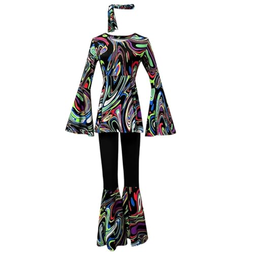 SZRXKJ Damen Tanzkleid mit Schlaghose Psychedelisches Muster Mehrfarbig 70er Jahre Retro Disco Kostüm (Black1, XL) von SZRXKJ