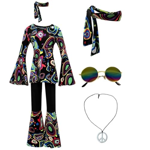 SZRXKJ Damen Tanzkleid mit Schlaghose Psychedelisches Muster Mehrfarbig 70er Jahre Retro Disco Kostüm (Black2, S) von SZRXKJ