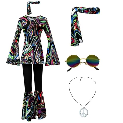 SZRXKJ Damen Tanzkleid mit Schlaghose Psychedelisches Muster Mehrfarbig 70er Jahre Retro Disco Kostüm (Black3, XXL) von SZRXKJ