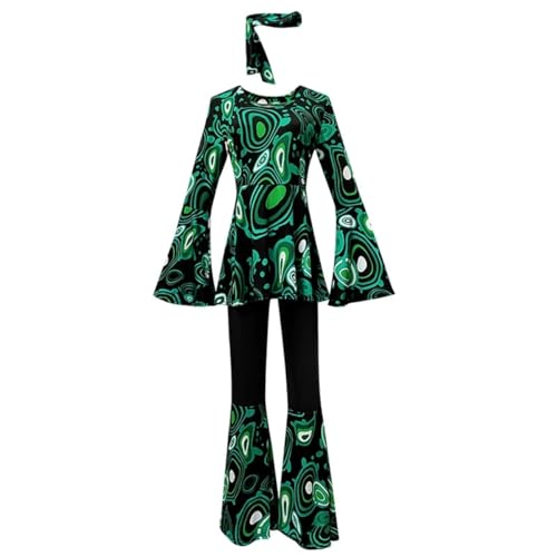 SZRXKJ Damen Tanzkleid mit Schlaghose Psychedelisches Muster Mehrfarbig 70er Jahre Retro Disco Kostüm (Dunkgrun, XL) von SZRXKJ