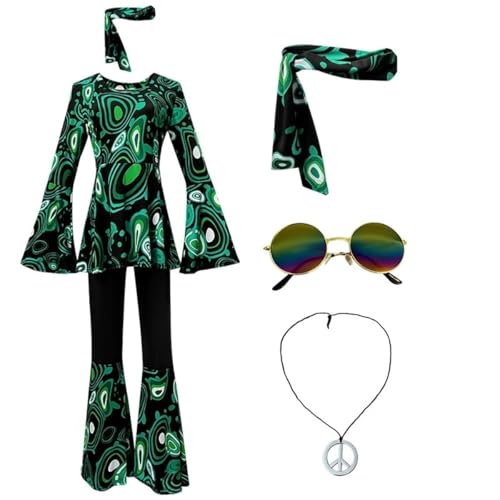 SZRXKJ Damen Tanzkleid mit Schlaghose Psychedelisches Muster Mehrfarbig 70er Jahre Retro Disco Kostüm (Dunkgrun1, M) von SZRXKJ