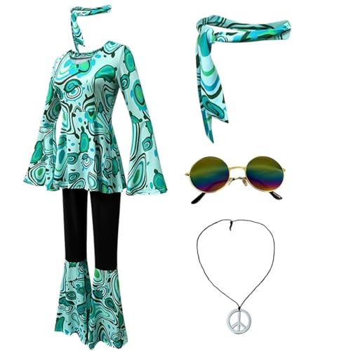 SZRXKJ Damen Tanzkleid mit Schlaghose Psychedelisches Muster Mehrfarbig 70er Jahre Retro Disco Kostüm (Grun1, M) von SZRXKJ