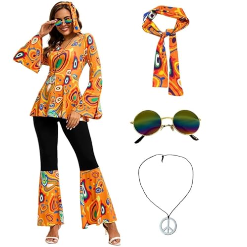 SZRXKJ Damen Tanzkleid mit Schlaghose Psychedelisches Muster Mehrfarbig 70er Jahre Retro Disco Kostüm (Orange1, L) von SZRXKJ