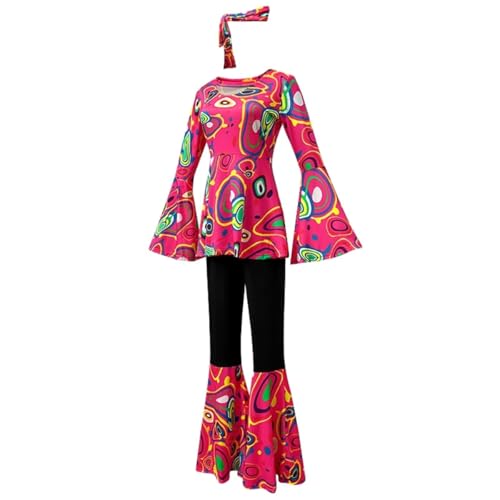 SZRXKJ Damen Tanzkleid mit Schlaghose Psychedelisches Muster Mehrfarbig 70er Jahre Retro Disco Kostüm (Rot, M) von SZRXKJ