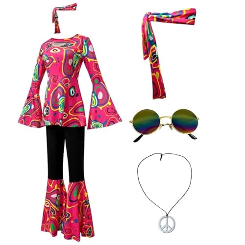 SZRXKJ Damen Tanzkleid mit Schlaghose Psychedelisches Muster Mehrfarbig 70er Jahre Retro Disco Kostüm (Rot1, M) von SZRXKJ