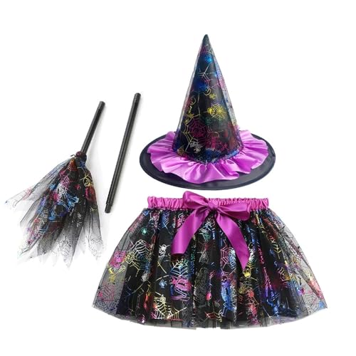 SZRXKJ Hexenkostüm-Set für Kinder, Tüllrock mit Schleife und Spitzhut, Orange-Schwarz, Halloween-Kostüm, Universalgröße (Lila, M) von SZRXKJ