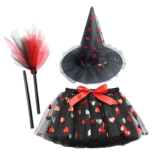 SZRXKJ Hexenkostüm Set für Kinder, Tutu-Rock und Hexenhut mit Fledermausmuster, Schwarz-Rot, 3-12 Jahre (Schwarz, M) von SZRXKJ