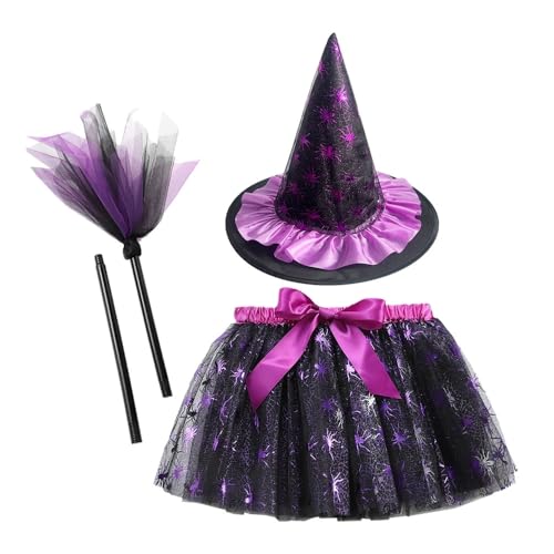 SZRXKJ Hexenkostüm Set für Kinder Tutu-Rock mit Fledermaus-Muster und Hexenhut in Schwarz-Lila Zauberstab inklusive (Schwarz, M) von SZRXKJ