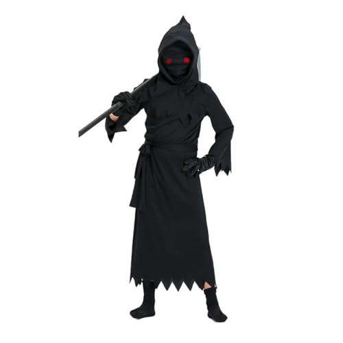 SZRXKJ Kinder, Gruseliges Schwarzes Phantom Kostüm für Halloween Verkleidung mit Kapuze und Leuchtenden Augen (Schwarz, XL) von SZRXKJ