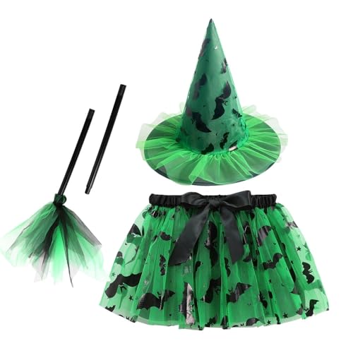 SZRXKJ Kinder Grün-Schwarz Halloween Tutu Dress Hexen-Kostüm Set Tutu-Rock mit Hexenhut, (Grün, L) von SZRXKJ