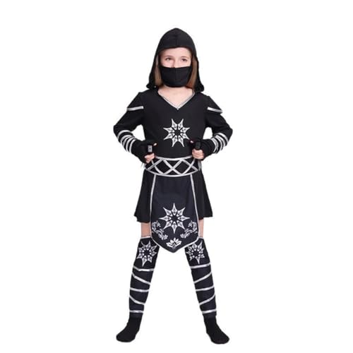 SZRXKJ Kinder Halloween Verkleidung mit Kapuze Schwarz mit Silber-Details Ninja Kostüm Mit Maske und Zubehör (Schwarz, M) von SZRXKJ