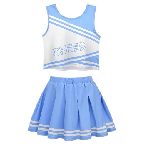 SZRXKJ Kinder V-Ausschnitt 2-teilig mit Pom Poms Cheerleader Kostüm Weiß und Blau (Blau, 120) von SZRXKJ