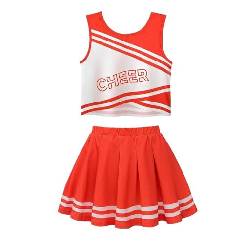 SZRXKJ Kinder V-Ausschnitt 2-teilig mit Pom Poms Cheerleader Kostüm Weiß und Blau (Rot, 130) von SZRXKJ